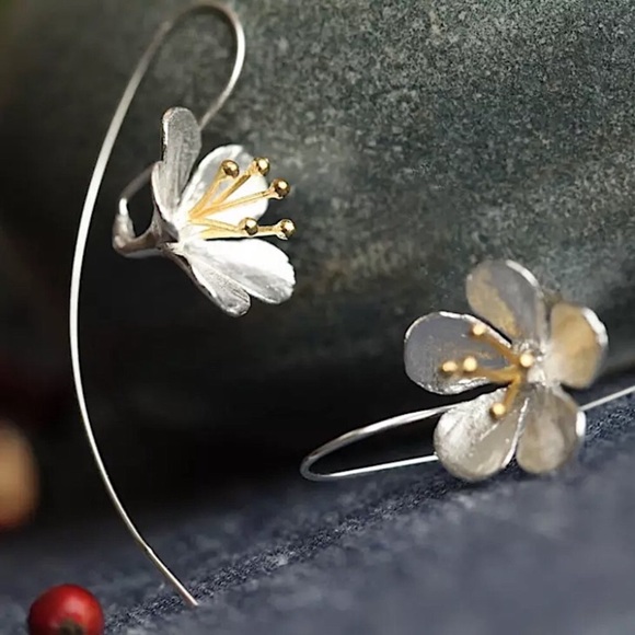 Japanese Cherry Blossom Floral Silver Loop Earring - Picture 7 of 7